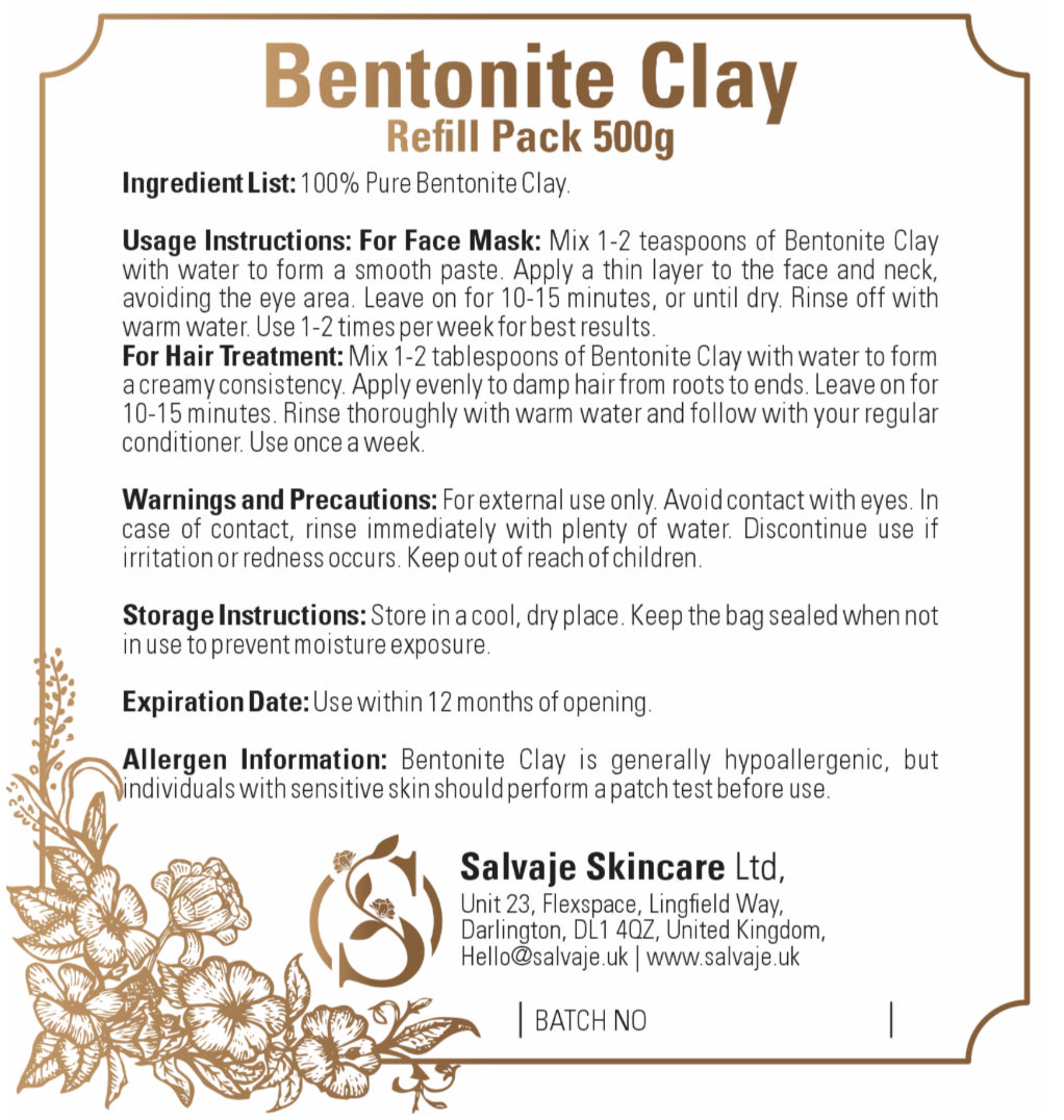 Salvaje Skincare Bentonite Clay - 500g Refill Pouch